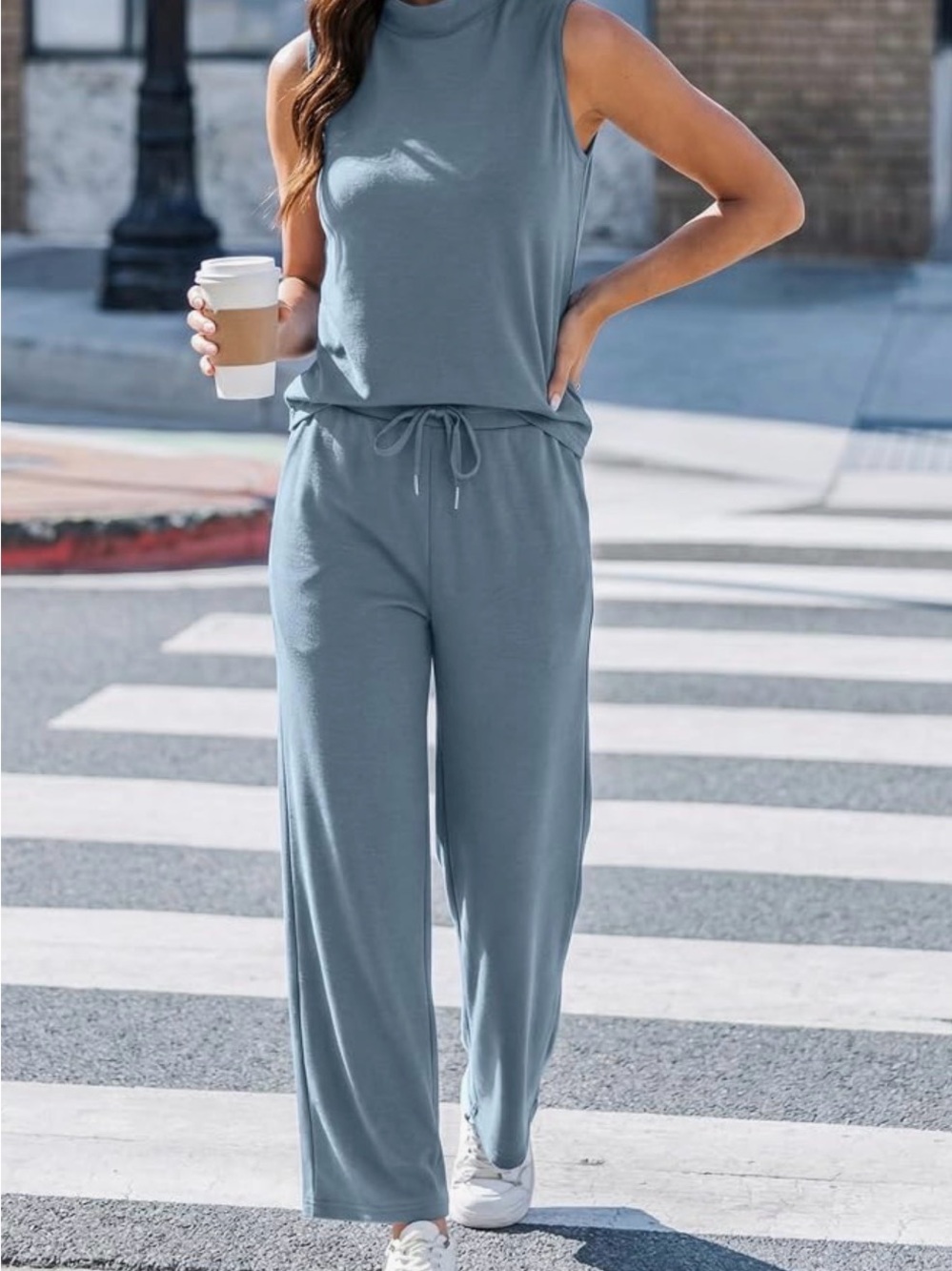 Aritzia Slate Blue Sleeveless Drawstring ankle length 2 Piece Set